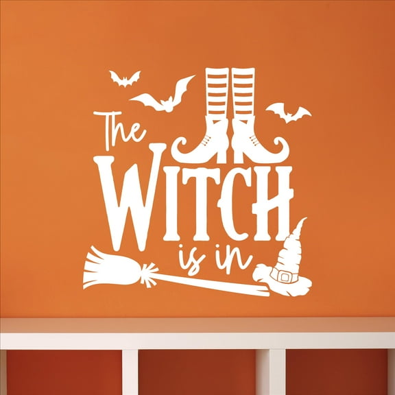 The Witch Is In (boots) with Witch Legs and Shoes Witch Hat and Broom Halloween Decor Vinyl lettering Decal Wall Decals - Size: 10"H x 10"L - Color: White