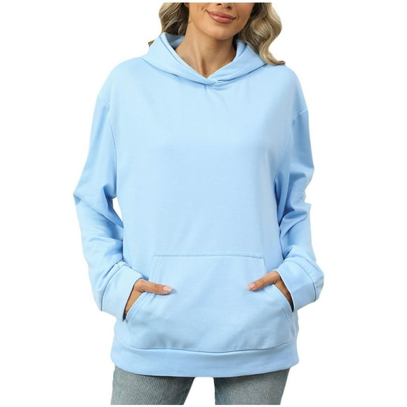 Rbaofujie Long Sweaters for Women Women's Casual Loose Hooded Pocket Solid Color Hooded Sweatshirt Light Blue Weighted Hoodie