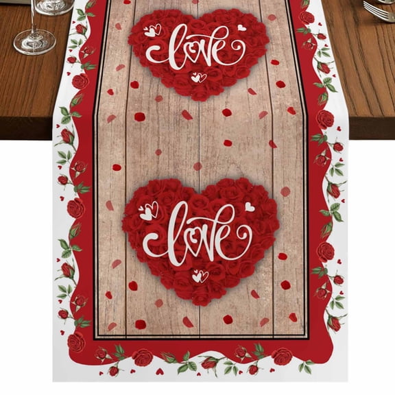 Table Runners 60 Inches Long Dress Scarves, Valentine's Day Farmhouse Kitchen Table Runner, Small Coffee Tablerunners, Red Love Heart Roses Romantic Vintage 13x60 Inch