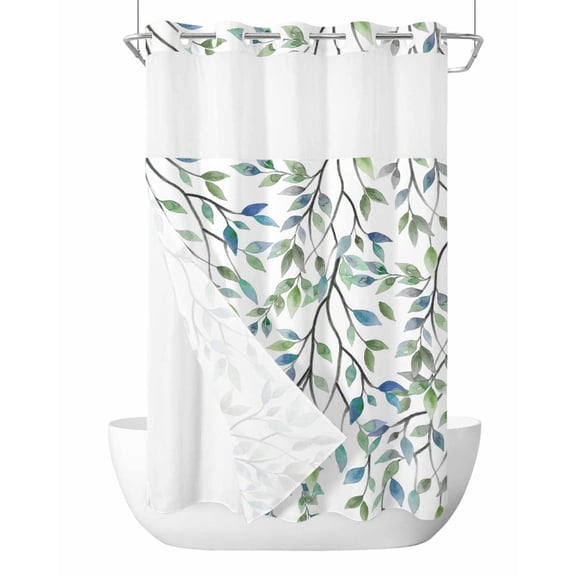 No Hook Shower Curtain with Snap-in Liner, Blue Green Eucalyptus Waterproof Fabric Bathroom Curtains, Spring Botanical Leaves Weeping Bath Curtains & Mesh Top Window Stand Up Stall 36"x72"