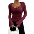 thumbnail image 1 of Camiseta de Larga con Cuello Redondo Estilo Y2K para Mujer, de Color Liso, Ideal para , Otoño e Invierno. para un Look Casual de Negocios. Rojo Vino S, 1 of 8
