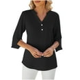 thumbnail image 2 of Olyvenn Stylish Notched Neck Slit 3/4 Sleeve Button Women's T-Shirt - Opaque, Slight Stretch, 100% Polyester, Easy Care Black 10, 2 of 4