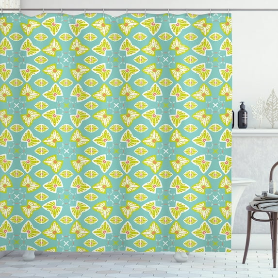 Abstract Shower Curtain, Flourish Damask with Butterfly-like Motif Continuous Pattern, Fabric Bathroom Set with Hooks, 69W X 70L Inches, Seafoam Yellow Green and Coral, by Ambesonne