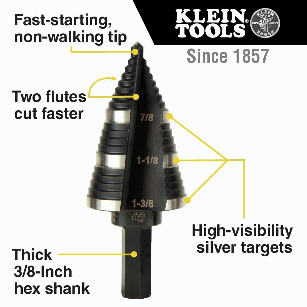 Klein Tools KTSB15 7/8 in. to 1-3/8 in. #15 Double Fluted Step Drill Bit