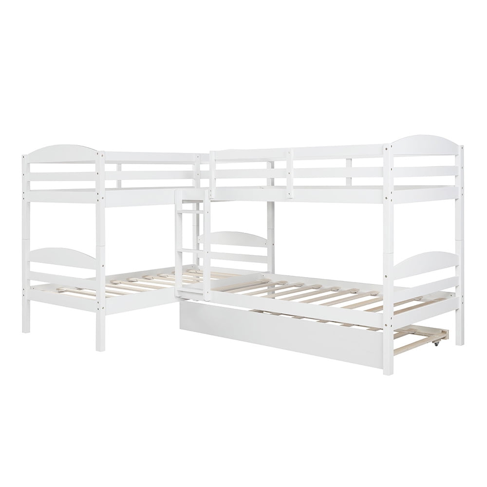 Private Jungle Twin Bunk Beds with Trundle, Solid Wood L-Shaped Loft Bed with Guard for Teens Bedroom, White