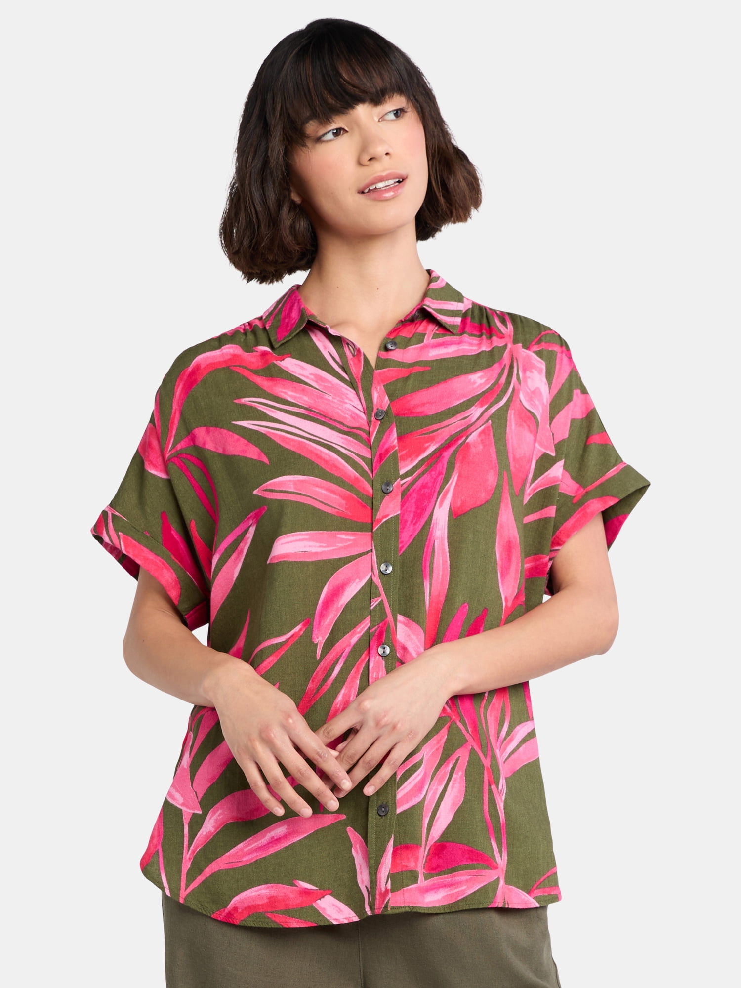 Time and Tru Women's Camp Shirt with Short Sleeves, Sizes XS-XXXL