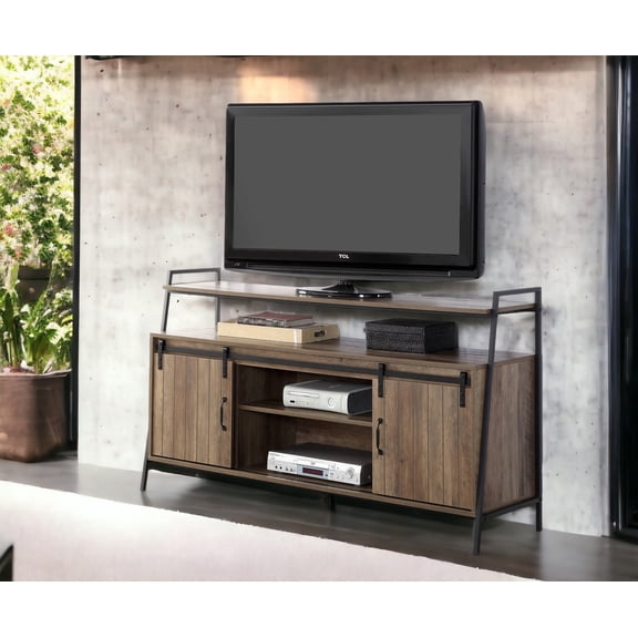 JUYG Rustic Oak/Black TV Stand, Sliding Barn Door