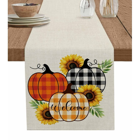Orange Pumpkins Burlap Cotton Table Runner 13x90 Inches Long, Plaid Pastoral Summer Botanical Rustic Farmhouse Table Runners, Outdoor Dining Tablecloths Decor for Baby Shower/Party/Wedding