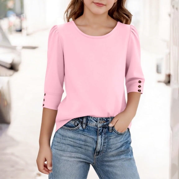 LJEFF Girl 3/4 Sleeve T-Shirt, Fashion Crew Neck Solid Color Spring Casual Tops for Girls Pink Size 4