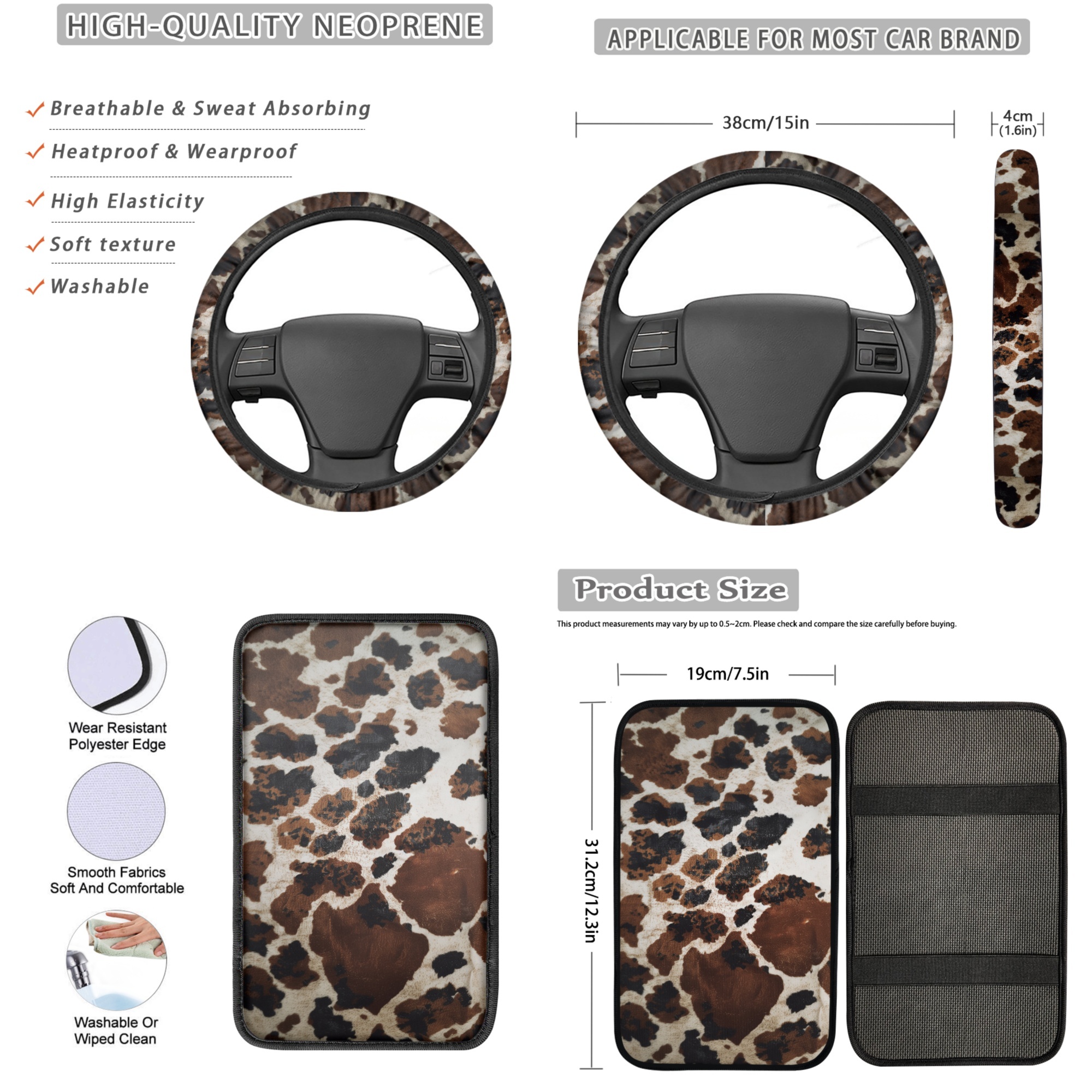 Jeiento Brown Cow Print Auto Seat Cover Full Set 13 Pack Universal Car Accessories Set Steering Wheel Cover Armrest Pad Seatbelt Pad Cup Mat Keychain Fit for Most Vehicles