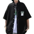 thumbnail image 3 of Camisa con cuello vuelto para hombre Bolsillo en el pecho Medias mangas Blusa informal holgada con cierre de botón Negro XL, 3 of 8