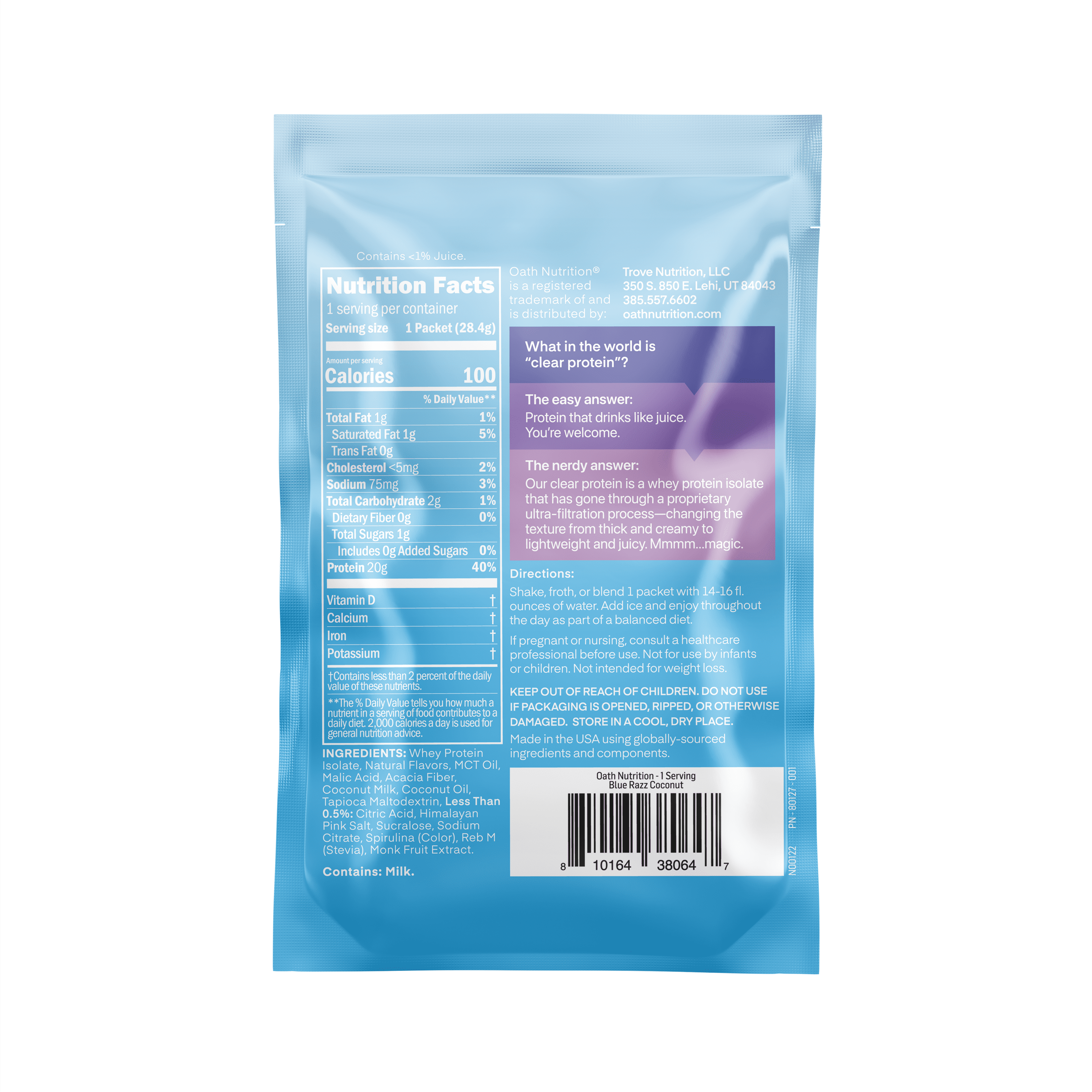 OATH Clear Whey Protein Isolate Powder, Blue Razz Flavor, Single Serve Packet
