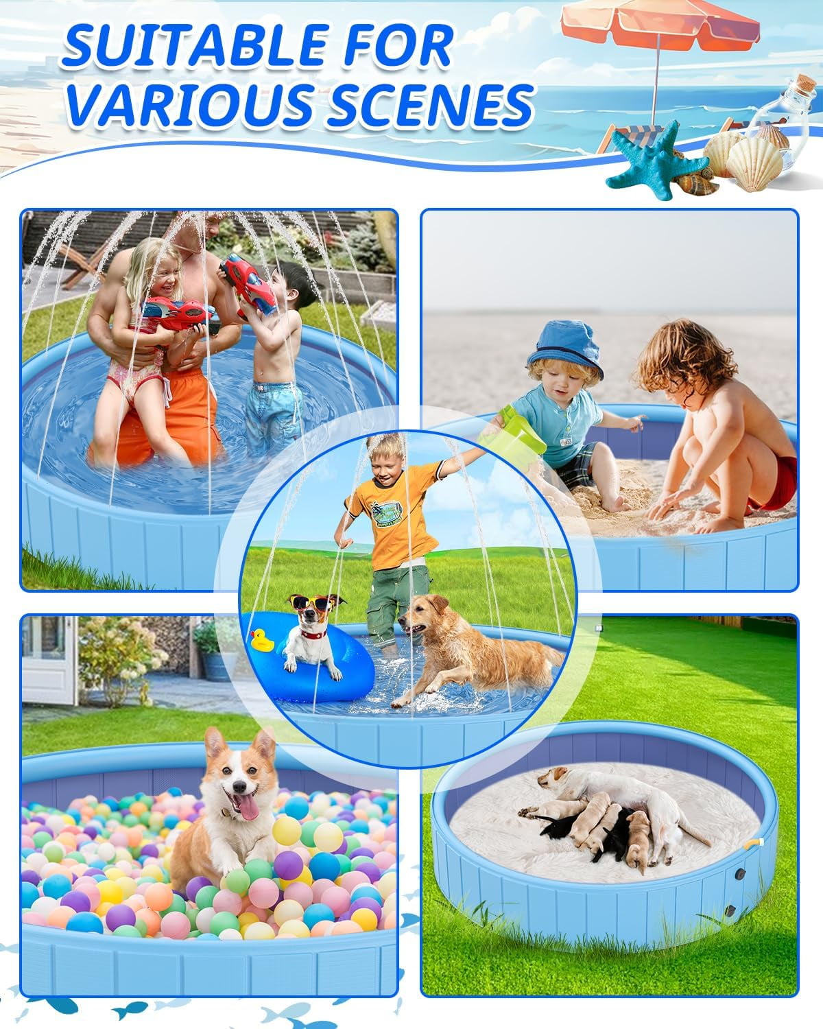 Dog Pools for Large Dogs, 2-in-1 Sprinkler Pool for Kids Non-Slip Dog Swimming Pool for Outdoor Backyard Kids Dogs Ducks and Pet Baths 70" x 12"