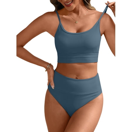 ANRABESS Womens Bikini Set High Waisted Ribbed 2 Piece Swimsuit Scoop Neck Tummy Control Bathing Suit Grey Blue Large