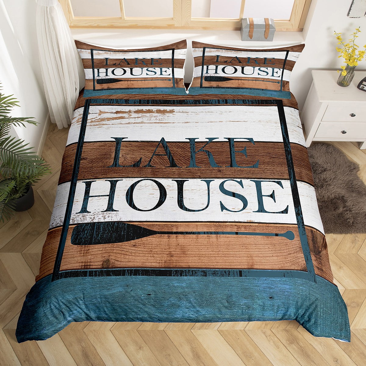 Lake Bedding Set Lake Cabin Decor,Vintage Country Retro Watercolor Wood ...