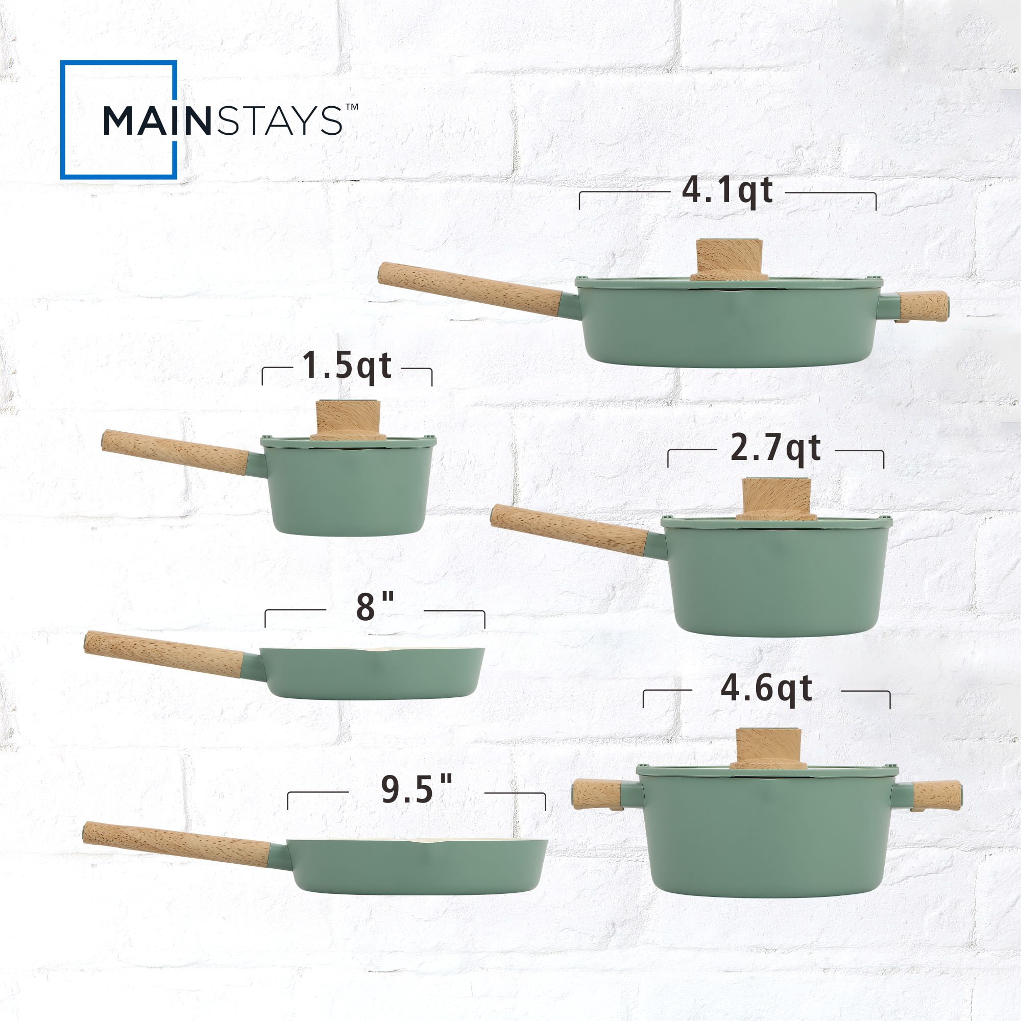 Mainstays Simplicity 10-Piece Aluminum Nonstick Ceramic Cookware Set, Green Sage