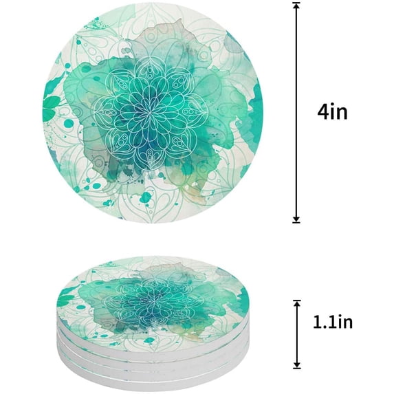 FMSHPON Green Watercolor Mandala Pattern Set of 8 Round Coaster for Drinks, Absorbent Ceramic Stone Coasters Cup Mat with Cork Base for Home Kitchen Room Coffee Table Bar Decor