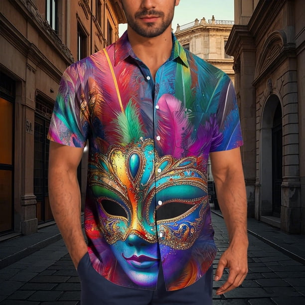 TaTaai ashion Men's Mardi Gras Turndown Collar Shirt, Printed Short-Sleeve Casual Button Top, Soft Fabric for Summer Casual Daily Outdoor Occasions Gift
