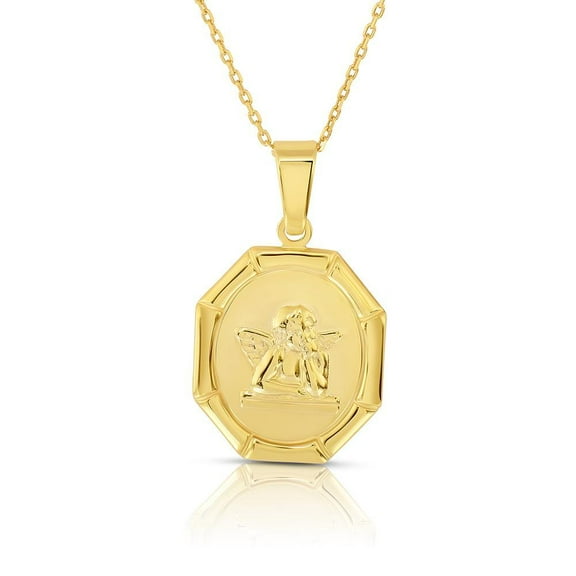 14K GOLD PLATED STERLING SILVER GUARDIAN ANGEL MEDAL OCTAGON PENDANT NECKLACE