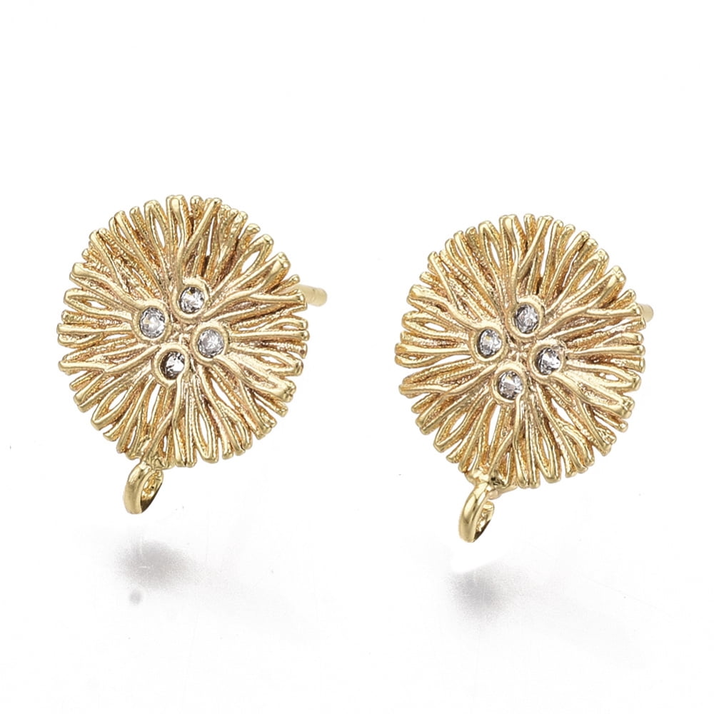 50pcs Brass Micro Pave Cubic Zirconia Stud Earring Findings with Loop golden Nickel Free Flat Round Clear 13.5x11mm Hole: 1mm Pin: 0.8mm