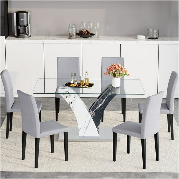 JERFIT 6-Piece Dining Set with Tempered Glass Table & Light Gray Upholstered Chairs for Modern Kitchen
