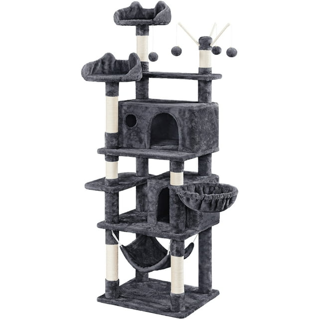 Yaheetech 67" H Multi Level Cat Tree with 2 Cat Condos and 1 Hammock, Dark Gray