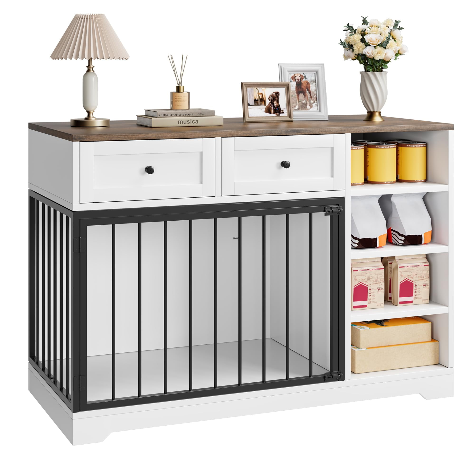 PYY Versatile 47.2" Dog Crate Furniture – 2 Drawers & 4 Shelves, Wooden Indoor Kennel TV Stand, Pet Bed for Small, Medium, Large Dogs, Home Office – Classic Color + White