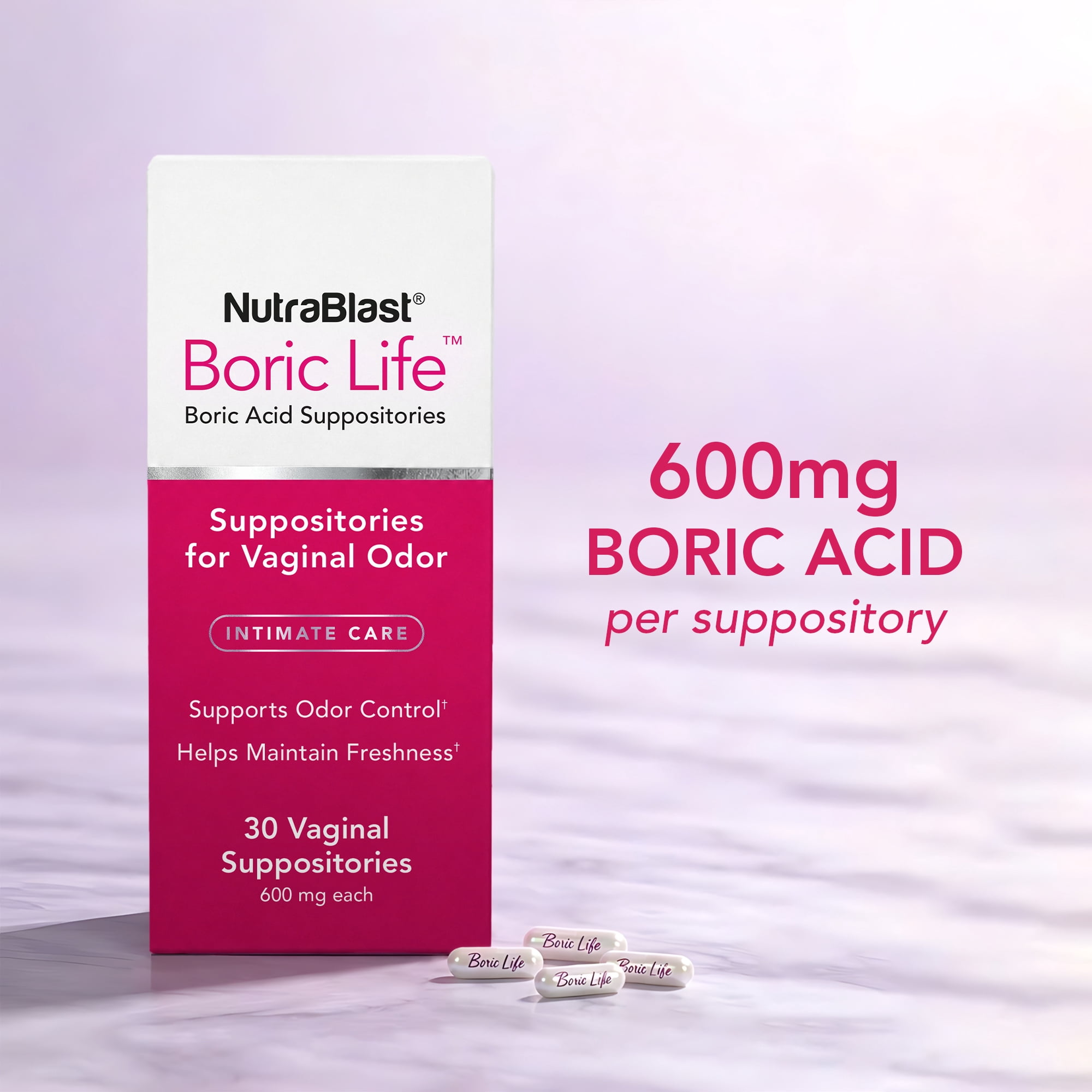 NutraBlast Boric Life Boric Acid Vaginal Suppositories 600 mg, 30 Count for Odor Control