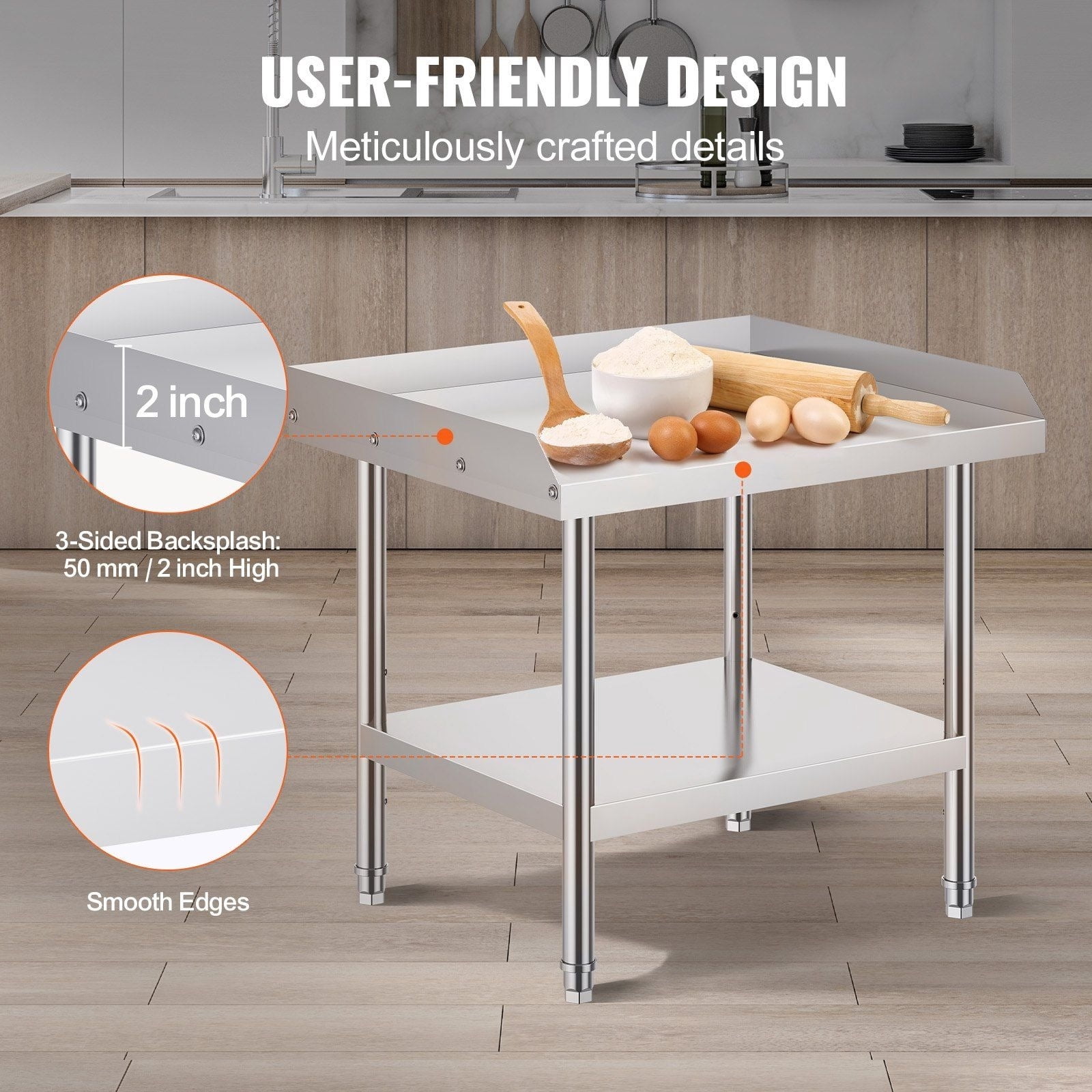 CAFORKP 24x28" Food Prep Worktable - Stainless Steel 3-Sided Backsplash Adjustable