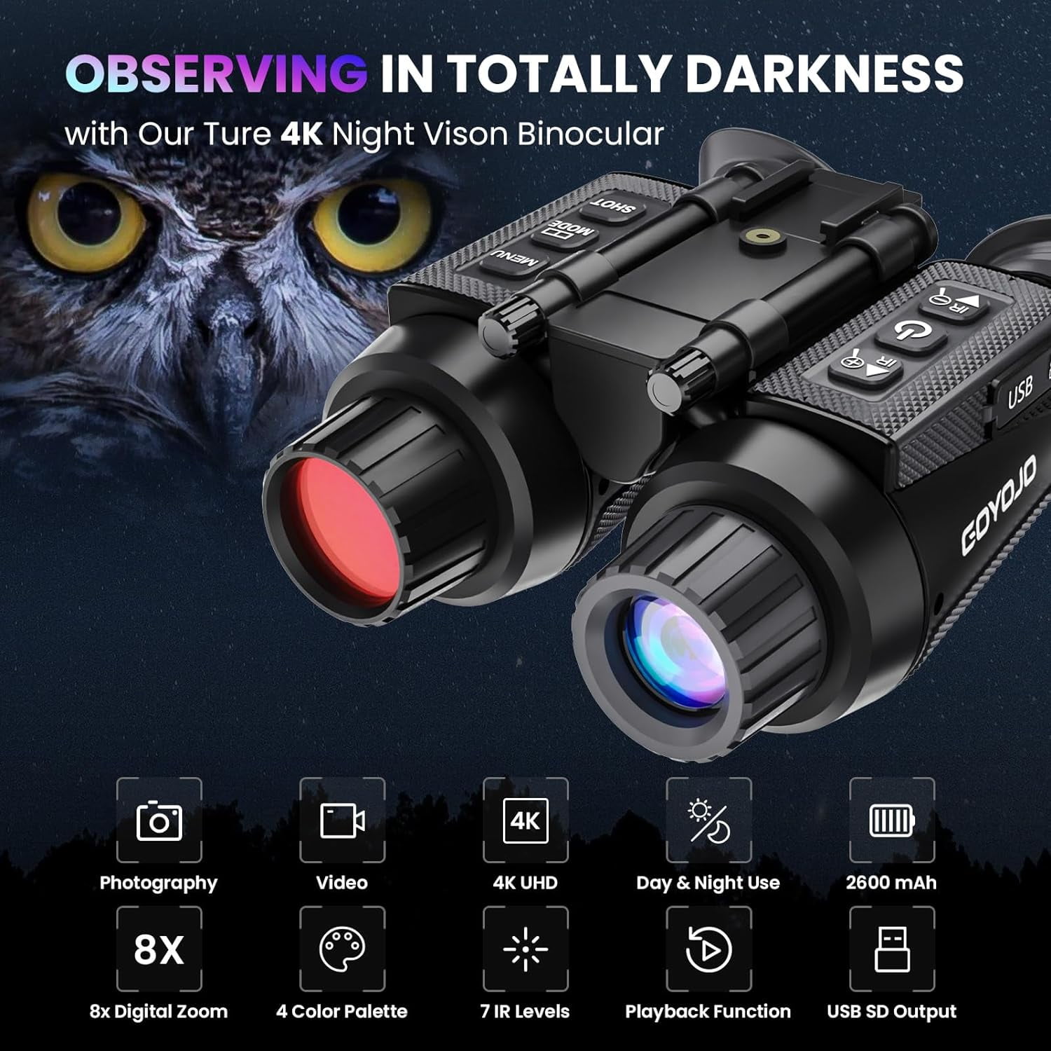 BekinTek Dual Eye 3D View Helmet Mounted Night Vision Binoculars Goggles Rechargeable IR Full Dark Observing Adjustable Pupil Distance 7x Infrared 8x Digital Zoom 4K Video Independent Diopter Adjust