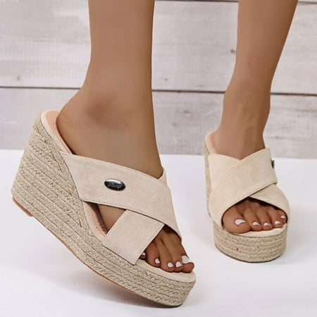 

FITORON Womens Slippers- Fashion Wedges Platform Slip On Shoes Open Toe Cross Flax Weave Slippers Pink 38