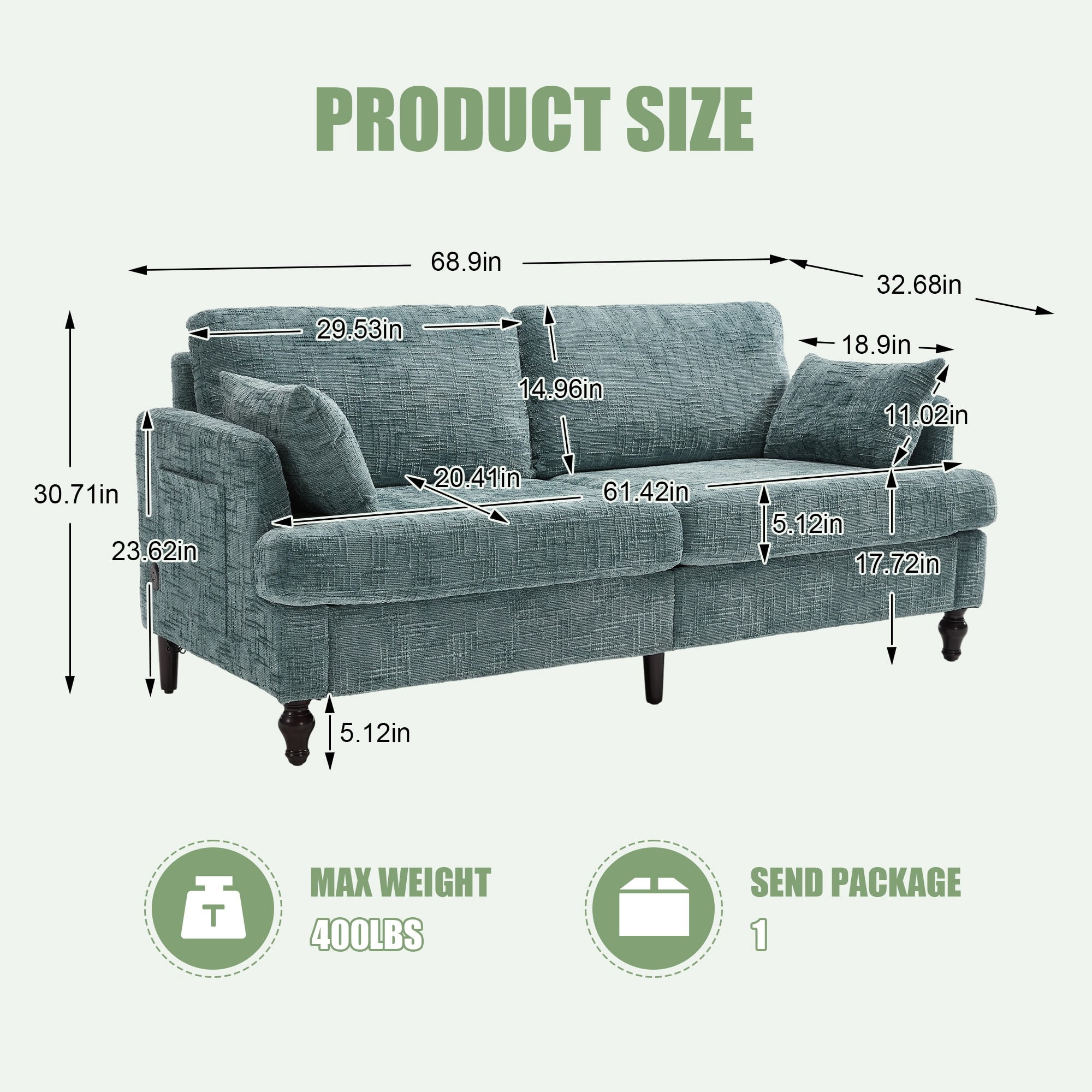 68.9" Sofa Couch,Modern 2 Seater Upholstered Loveseat Sofa Couch with LED light&USB for Living Room,Bedroom,Lake Blue