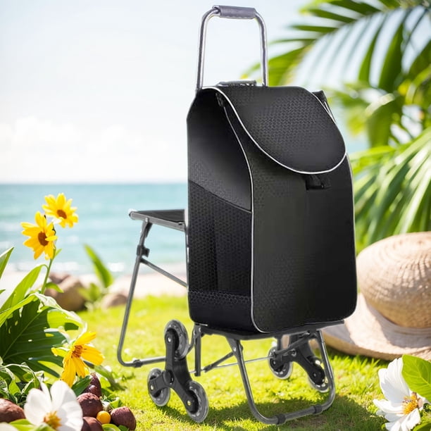 Carrito plegable portátil con ruedas de escalera de escalada carro de compras portátiles con bolso impermeable y silla plegable carrito de escalada