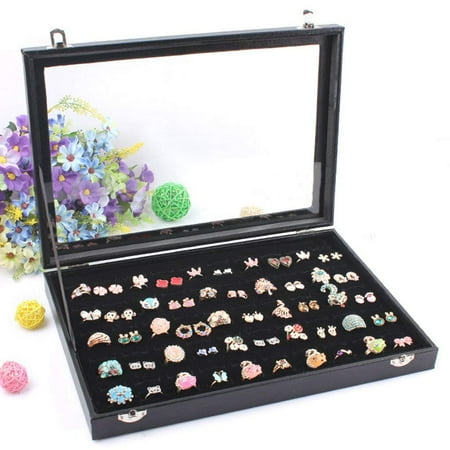 100 Slot Jewelry Ring Tray Velvet Clear Lid Rings Holder Showcase Display Storage Organizer Stackable(100 Slot Ring Box)