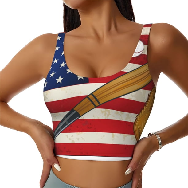Fotbe American Flag And Baseball Sujetador Deportivo Largo sin Aros para Mujer con Almohadillas y Soporte Medio, Transpirable y Absorbente, Camiseta Tipo Chaleco o Tank Top-XX-Large