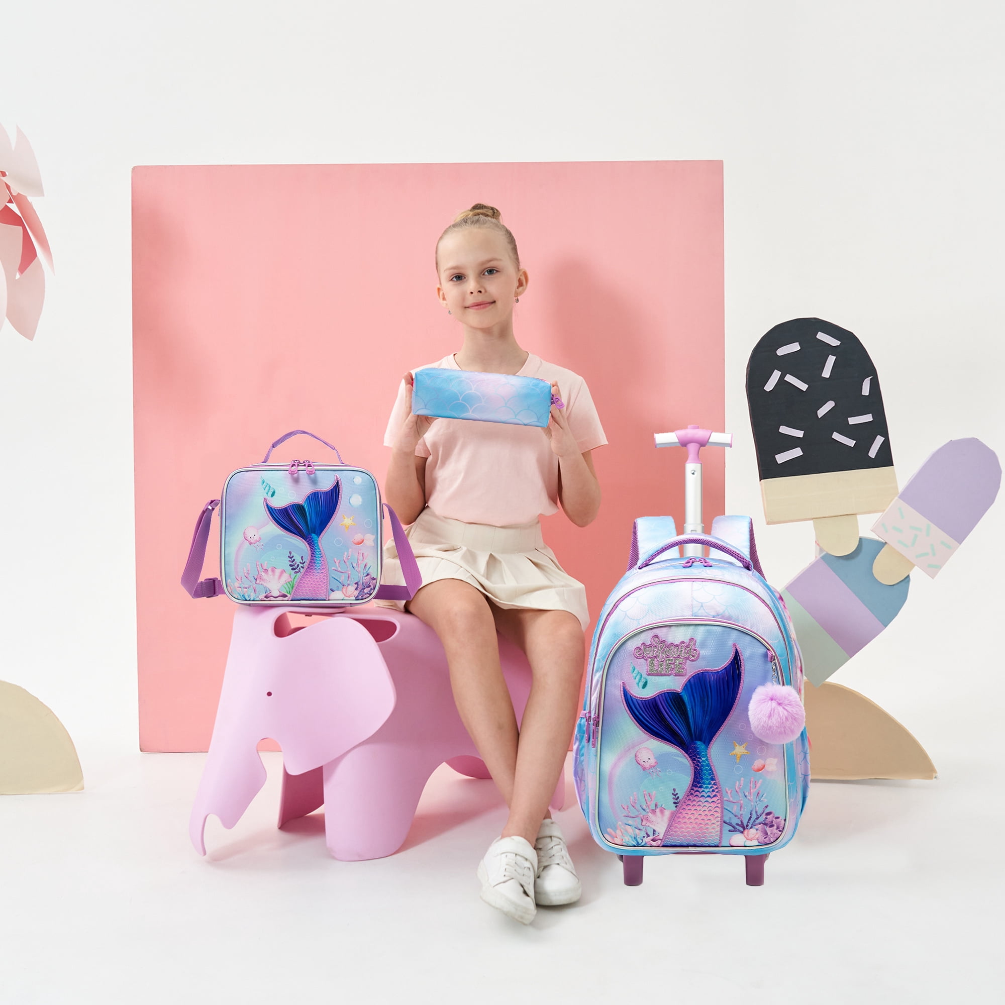 Kids Mermaid Rolling Backpack for School Girls,Backpack with Lunch Box Pencil Case for Elementary Students Ages 6-8
