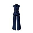thumbnail image 4 of Naotn Womens Summer 2 Piece Outfits Casual Blazer Collar Short Sleeve Lace Up Shirt and Wide Leg Pants Sets Dressy Business Matching Suit Sets, 4 of 6