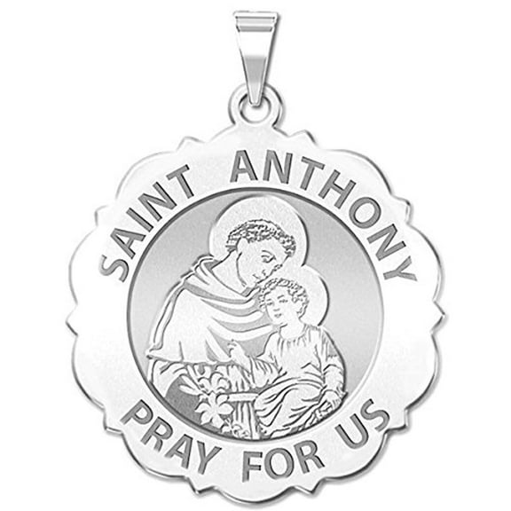 Saint Anthony Scalloped Religious Medal  - 2/3 inch Size of Dime, Sterling Silver
