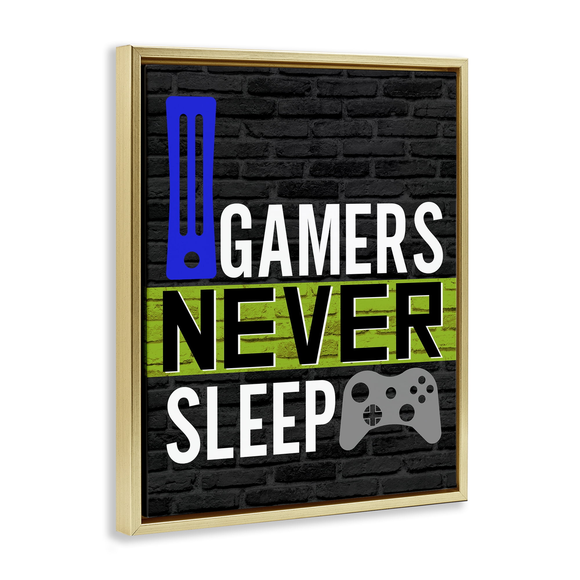Stupell Industries Gamers Never Sleep Typography Painting Gold Floater Framed Art Print Wall Art, 25 x 31