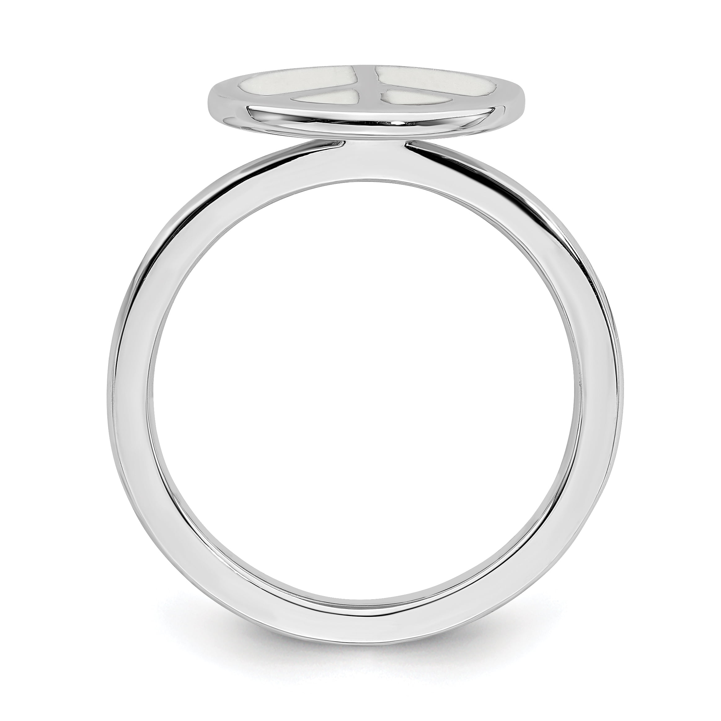 Sterling Silver Polished White Enameled Peace Sign Ring