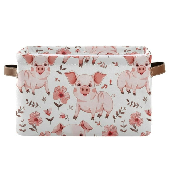Cute Pig with Flower Storage Bins with Handle Fabric Organizer Basket Foldable Box 1 Pack 14.2x10.2x8.3