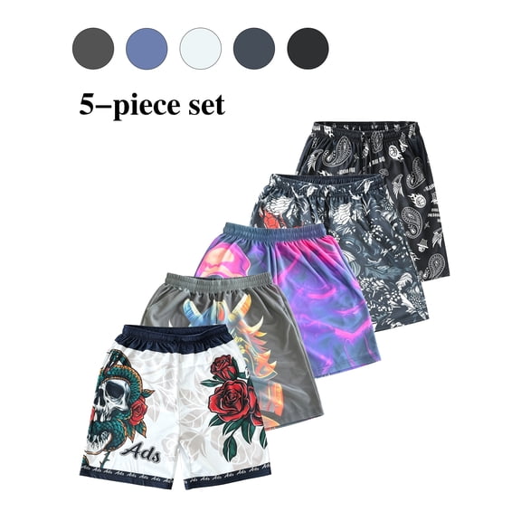 Men's 5 Pack Casual Graphic Athletic Shorts, Quick Dry Mesh Elastic Waist Basketball Workout Shorts, Multi Printed Streetwear Beach Shorts