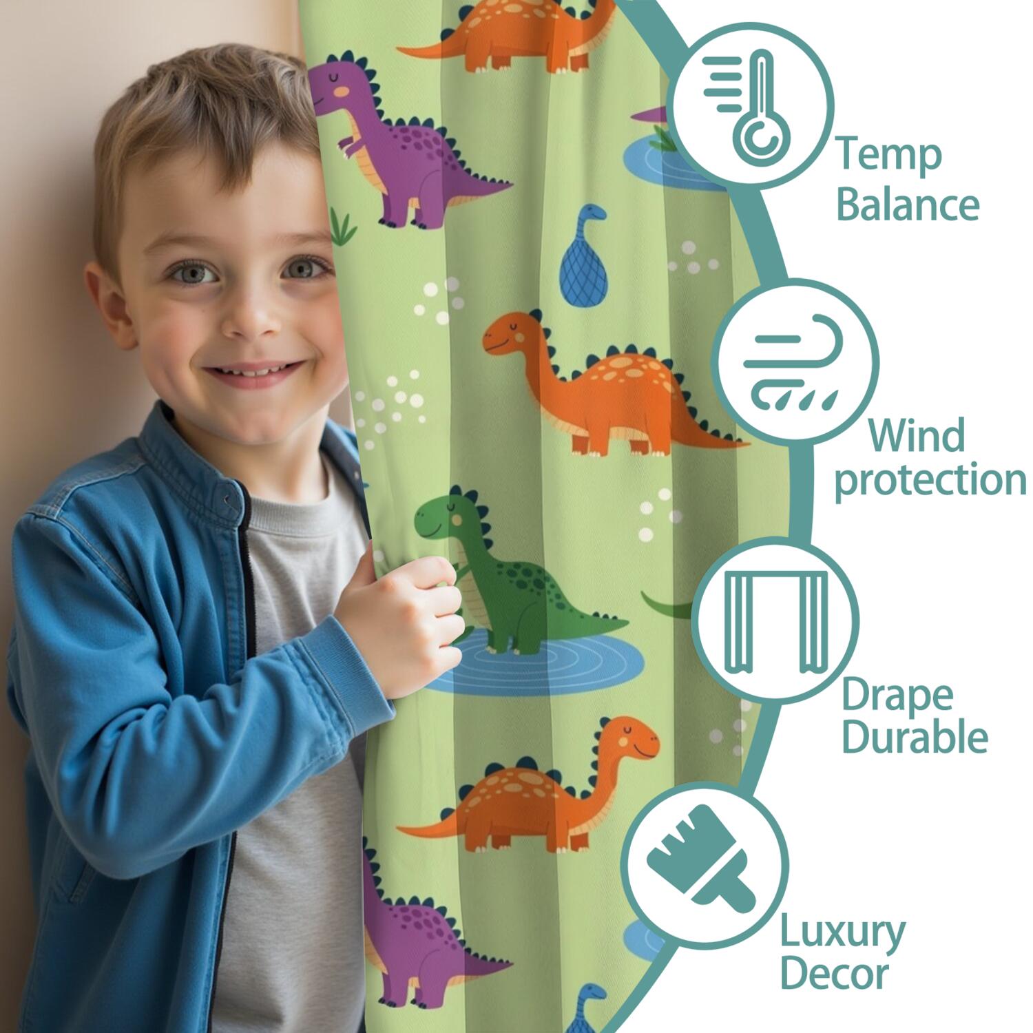 Blackout Kids Curtains,Green Dinosaurs Ponds Pattern Childrens Insulated Curtains Set Of 2,Bedroom Essentials,Toddler Room Decor 42"x63"