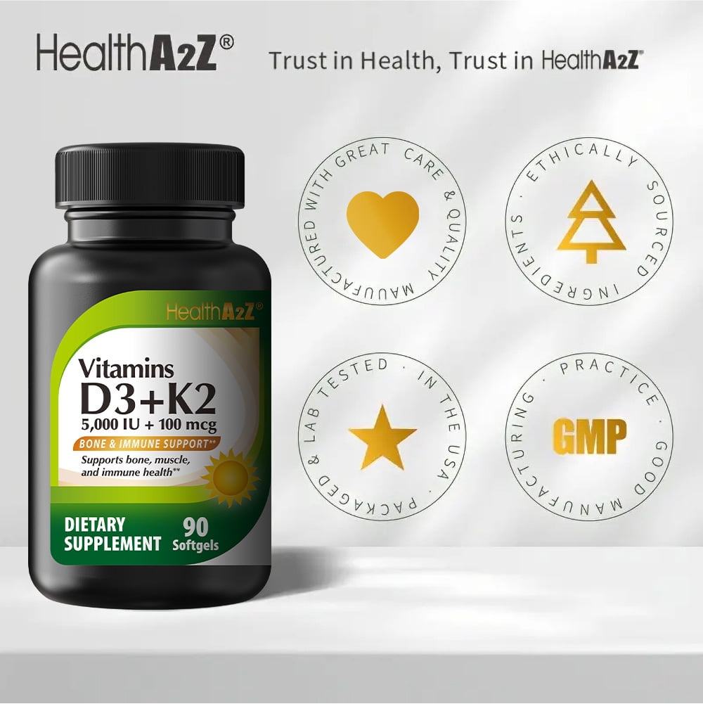 (2 pack) HealthA2Z Vitamin D3 + K2 | 5000 IU + 100 mcg | 90 Easy-to-Swallow Softgels | Clean Label, No Dyes | Bone, Muscle & Immune Support