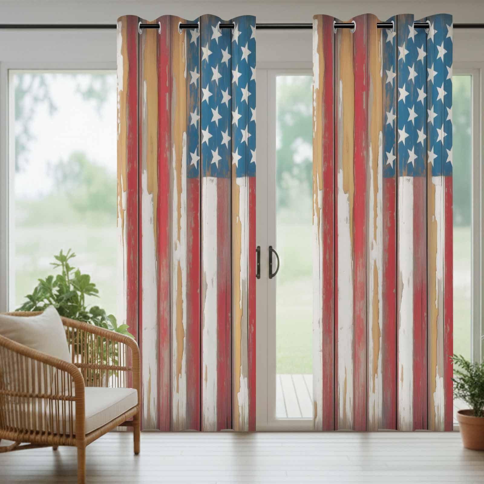 Independence Day Outdoor Curtains for Patio, American Flag Star Retro Red Wood Striped Sunshade Privacy Drapes Grommet Waterproof Outside Curtains for Porch/Cabana/Balcony 54"x 108", 1 Panel