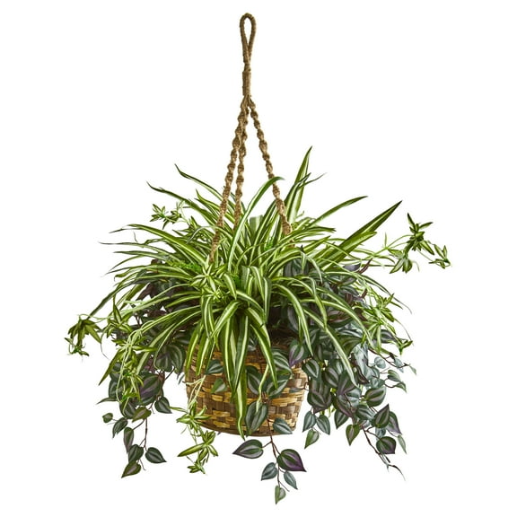 Nearly Natural 30-In. Wandering Jew & Spider Artificial Plant in Hanging Basket