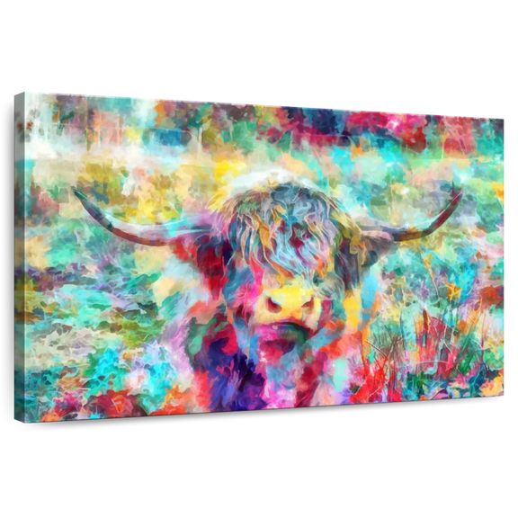 Elephant Stock Colourful Highland Cow Wall Art - Horizontal Canvas Wall Art - Living Room Wall Decor - Animal Canvas - Gray And Brown Decor - 12" x 8"