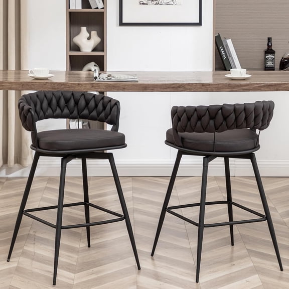 Counter Height Bar Stools Set of 2, Swivel Barstools with Curved Back, Black Leather Counter Stools for Kitchen Island, Dining Room, Cafe, Pub