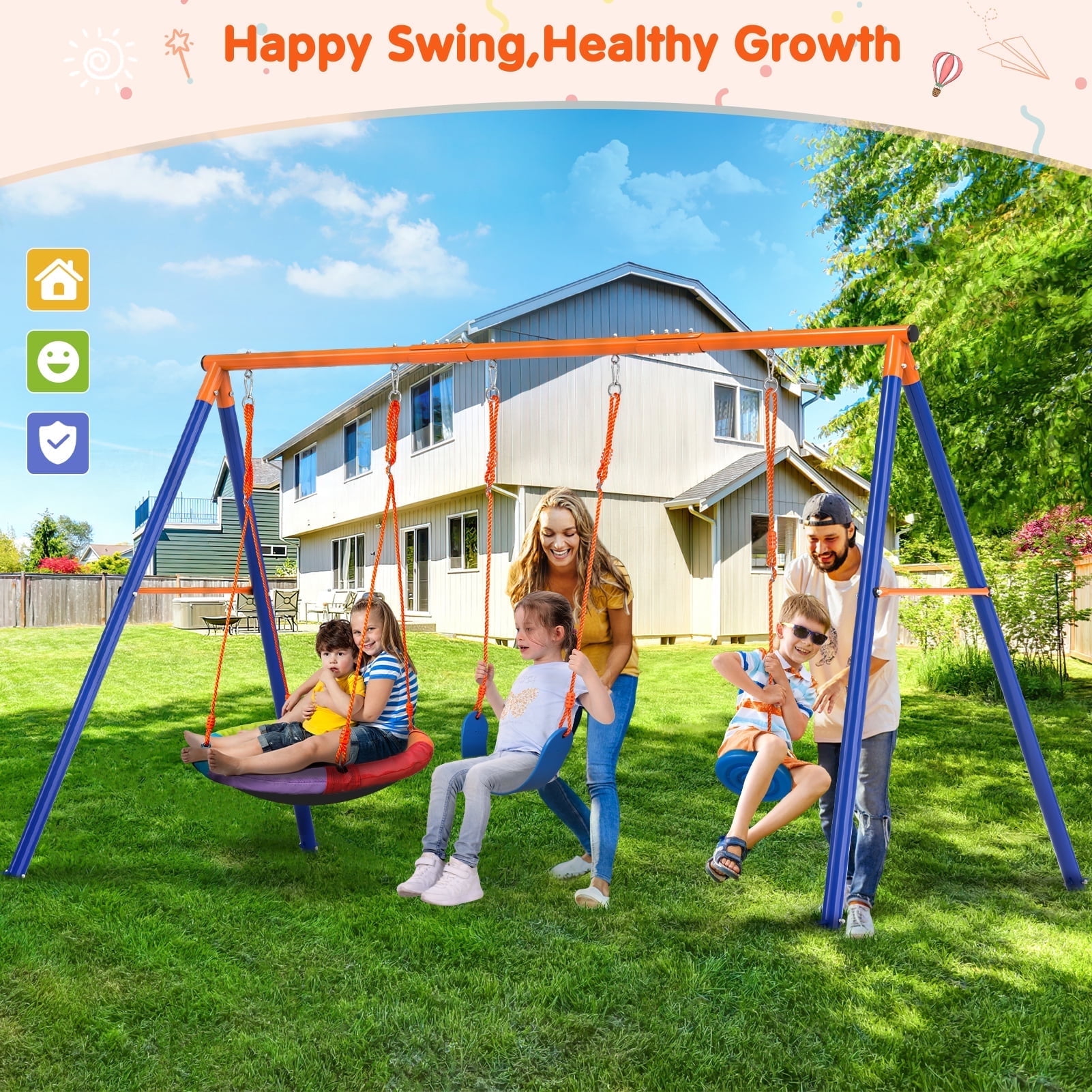 GIKPAL 3-in-1 Swing Set, 550 lbs Swing Set for Outside, Heavy Duty Metal Swing with A-Frame, Waterproof material, Adjustable Ropes Round Swing for Backyard