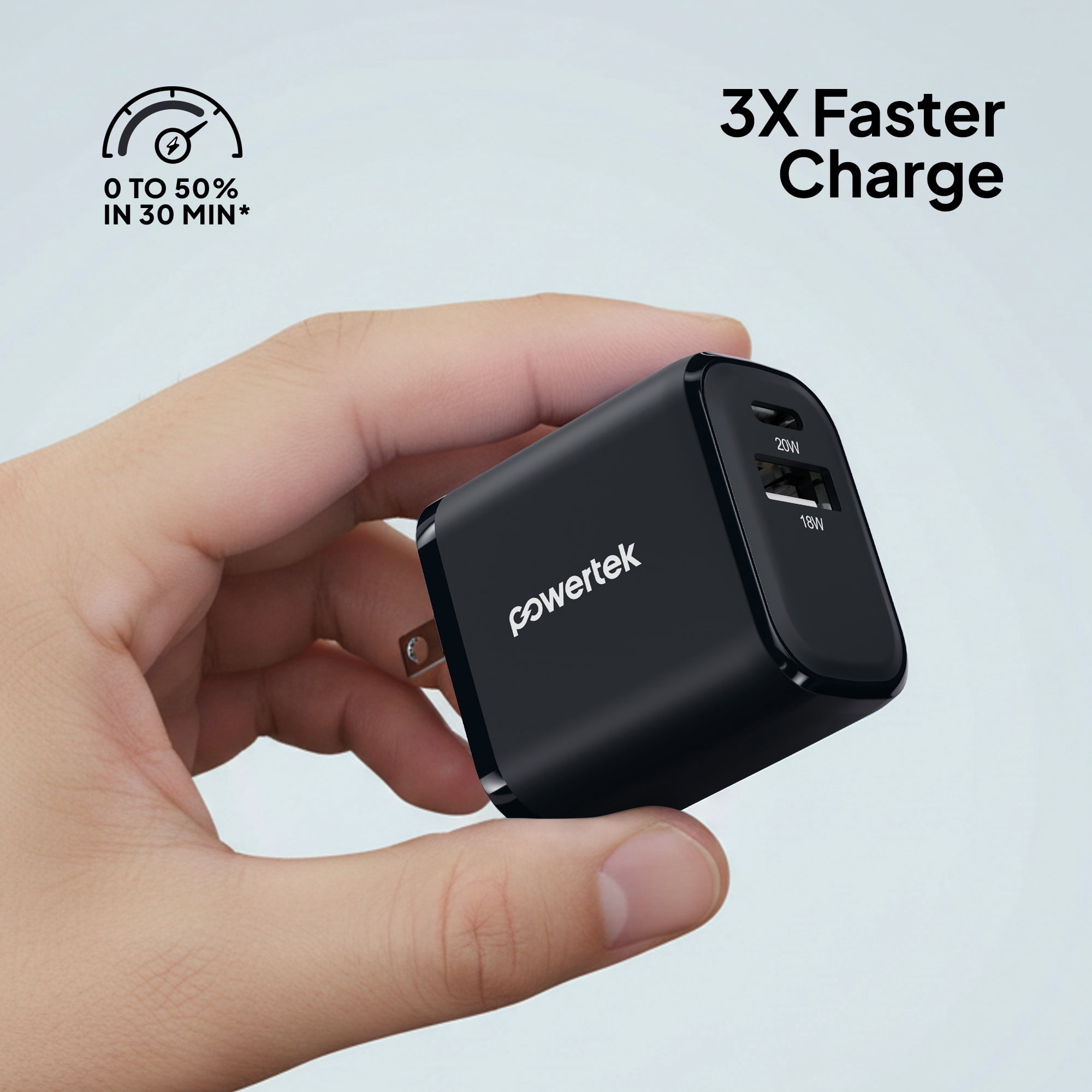 Powertek 20W USB-C PD + USB-A Dual Port Wall Charger, Black